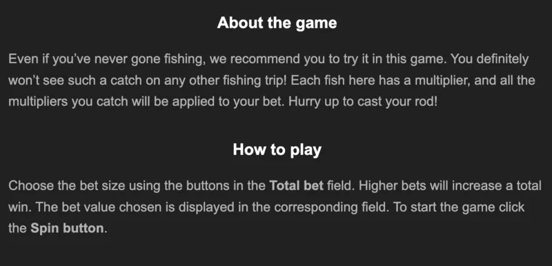 Fishing Club 2 about screen showing game information and how to play instructions from the developer